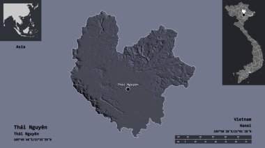 Tayland Nguyen, Vietnam vilayeti ve başkenti. Uzaklık ölçeği, ön gösterimler ve etiketler. Renkli yükseklik haritası. 3B görüntüleme