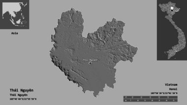 Tayland Nguyen, Vietnam vilayeti ve başkenti. Uzaklık ölçeği, ön gösterimler ve etiketler. Çift seviyeli yükseklik haritası. 3B görüntüleme