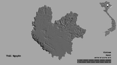 Vietnam 'ın başkenti Tayland Nguyen' in katı arka planda izole edilmiş hali. Uzaklık ölçeği, bölge önizlemesi ve etiketleri. Çift seviyeli yükseklik haritası. 3B görüntüleme