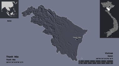Thanh Hoa 'nın şekli, Vietnam vilayeti ve başkenti. Uzaklık ölçeği, ön gösterimler ve etiketler. Renkli yükseklik haritası. 3B görüntüleme