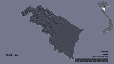 Thanh Hoa 'nın şekli, Vietnam vilayeti, başkenti sağlam arka planda izole edilmiş. Uzaklık ölçeği, bölge önizlemesi ve etiketleri. Renkli yükseklik haritası. 3B görüntüleme