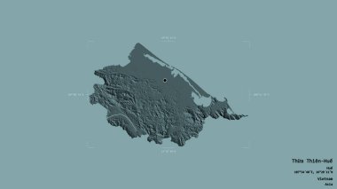 Thua Thien-Hue bölgesi, Vietnam vilayeti, sağlam bir arka planda izole edilmiş bir sınır kutusunda. Etiketler. Renkli yükseklik haritası. 3B görüntüleme