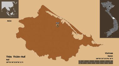 Thua Thien-Hue, Vietnam vilayeti ve başkenti. Uzaklık ölçeği, ön gösterimler ve etiketler. Desenli dokuların bileşimi. 3B görüntüleme