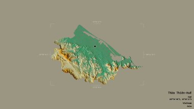 Thua Thien-Hue bölgesi, Vietnam vilayeti, sağlam bir arka planda izole edilmiş bir sınır kutusunda. Etiketler. Topografik yardım haritası. 3B görüntüleme