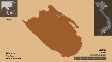 Tra Vinh 'in şekli, Vietnam vilayeti ve başkenti. Uzaklık ölçeği, ön gösterimler ve etiketler. Desenli dokuların bileşimi. 3B görüntüleme