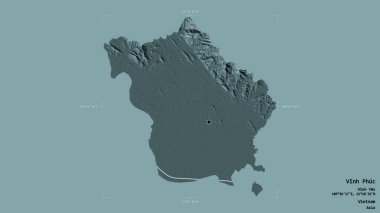 Vinh Phuc bölgesi, Vietnam vilayeti, jeoreferatlı bir sınır kutusunda sağlam bir arka planda izole edilmiş. Etiketler. Renkli yükseklik haritası. 3B görüntüleme