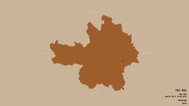 Yen Bai bölgesi, Vietnam vilayeti, jeoreferatlı bir sınır kutusunda sağlam bir arka planda izole edilmiş. Etiketler. Desenli dokuların bileşimi. 3B görüntüleme