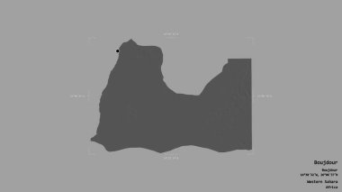 Batı Sahra 'nın Boujdour bölgesi, katı bir arka planda izole edilmiş bir sınır kutusunda. Etiketler. Çift seviyeli yükseklik haritası. 3B görüntüleme
