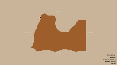 Batı Sahra 'nın Boujdour bölgesi, katı bir arka planda izole edilmiş bir sınır kutusunda. Etiketler. Desenli dokuların bileşimi. 3B görüntüleme