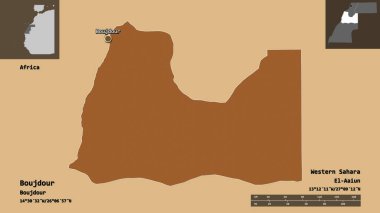 Boujdour Şekli, Batı Sahra Bölgesi ve başkenti. Uzaklık ölçeği, ön gösterimler ve etiketler. Desenli dokuların bileşimi. 3B görüntüleme