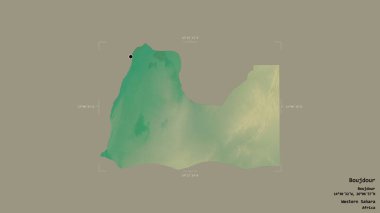 Batı Sahra 'nın Boujdour bölgesi, katı bir arka planda izole edilmiş bir sınır kutusunda. Etiketler. Topografik yardım haritası. 3B görüntüleme