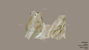 Batı Sahra 'nın Boujdour bölgesi, katı bir arka planda izole edilmiş bir sınır kutusunda. Etiketler. Uydu görüntüleri. 3B görüntüleme