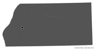 Batı Sahra Bölgesi 'nin Es Semara bölgesi, başkenti beyaz arka planda izole edilmiştir. Çift seviyeli yükseklik haritası. 3B görüntüleme