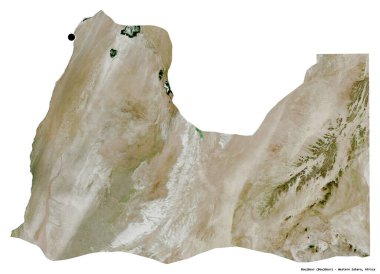 Batı Sahra 'nın Boujdour eyaleti, başkenti beyaz arka planda izole edilmiştir. Uydu görüntüleri. 3B görüntüleme