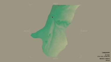 Batı Sahra 'nın Laayoune bölgesi, katı bir arka planda izole edilmiş bir sınır kutusunda. Etiketler. Topografik yardım haritası. 3B görüntüleme