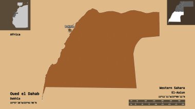 Batı Sahra Bölgesi ve başkenti Oued el Dahab 'ın şeklidir. Uzaklık ölçeği, ön gösterimler ve etiketler. Desenli dokuların bileşimi. 3B görüntüleme