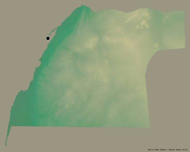 Batı Sahra Bölgesi 'nin başkenti Oued el Dahab' ın katı renk arkaplanı ile izole edilmiş hali. Topografik yardım haritası. 3B görüntüleme