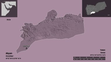 Abyan 'ın şekli, Yemen valisi ve başkenti. Uzaklık ölçeği, ön gösterimler ve etiketler. Renkli yükseklik haritası. 3B görüntüleme