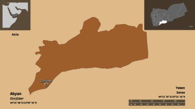 Abyan 'ın şekli, Yemen valisi ve başkenti. Uzaklık ölçeği, ön gösterimler ve etiketler. Desenli dokuların bileşimi. 3B görüntüleme