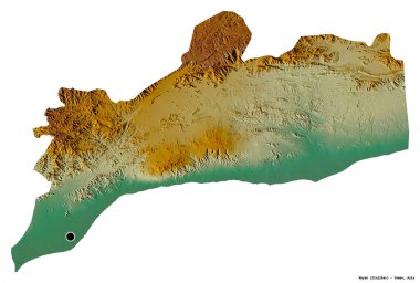 Beyaz arka planda başkenti izole edilmiş Abyan, Yemen valisi. Topografik yardım haritası. 3B görüntüleme