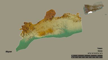 Abyan 'ın şekli, Yemen valiliği, sermayesi sağlam arka planda izole edilmiş. Uzaklık ölçeği, bölge önizlemesi ve etiketleri. Topografik yardım haritası. 3B görüntüleme