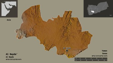 Al Bayda 'nın sureti, Yemen Valisi ve başkenti. Uzaklık ölçeği, ön gösterimler ve etiketler. Topografik yardım haritası. 3B görüntüleme