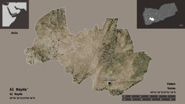 Al Bayda 'nın sureti, Yemen Valisi ve başkenti. Uzaklık ölçeği, ön gösterimler ve etiketler. Uydu görüntüleri. 3B görüntüleme