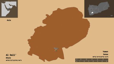 Al Dali 'nin şekli, Yemen valisi ve başkenti. Uzaklık ölçeği, ön gösterimler ve etiketler. Desenli dokuların bileşimi. 3B görüntüleme