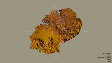Al Dali 'nin bölgesi, Yemen Valiliği, jeoreferatlı bir sınır kutusunda sağlam bir arka planda izole edilmiş. Etiketler. Topografik yardım haritası. 3B görüntüleme