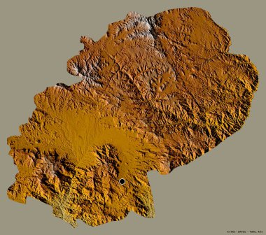 Al Dali 'nin şekli, Yemen valiliği, başkenti koyu renk arka planda izole edilmiş. Topografik yardım haritası. 3B görüntüleme
