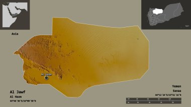 Al Jawf 'ın şekli, Yemen valisi ve başkenti. Uzaklık ölçeği, ön gösterimler ve etiketler. Topografik yardım haritası. 3B görüntüleme
