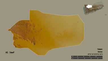 Al Jawf 'ın şekli, Yemen valisi, başkenti sağlam arka planda izole edilmiş. Uzaklık ölçeği, bölge önizlemesi ve etiketleri. Topografik yardım haritası. 3B görüntüleme