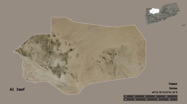 Al Jawf 'ın şekli, Yemen valisi, başkenti sağlam arka planda izole edilmiş. Uzaklık ölçeği, bölge önizlemesi ve etiketleri. Uydu görüntüleri. 3B görüntüleme