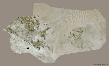 Al Jawf 'ın şekli, Yemen valisi, başkenti koyu renk arka planda izole edilmiş. Uydu görüntüleri. 3B görüntüleme