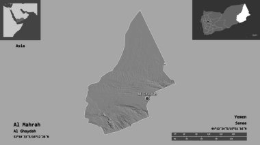 Al Mahrah 'ın sureti, Yemen valisi ve başkenti. Uzaklık ölçeği, ön gösterimler ve etiketler. Çift seviyeli yükseklik haritası. 3B görüntüleme