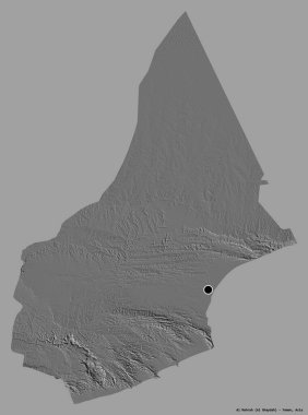 Al Mahrah 'ın şekli, Yemen valisi, başkenti koyu renk arka planda izole edilmiş. Çift seviyeli yükseklik haritası. 3B görüntüleme