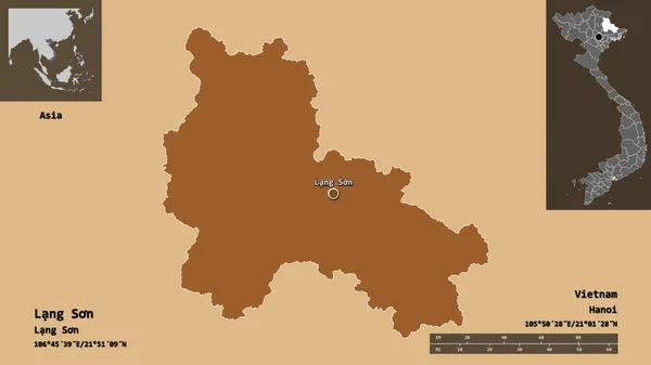 ベトナムの省 ラングソンの形状とその首都 距離スケール プレビューおよびラベル パターン化されたテクスチャの構成 3Dレンダリング — ストック写真