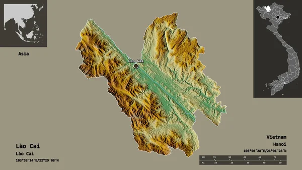 ラオス蔡 ベトナムの州の形状とその首都 距離スケール プレビューおよびラベル 地形図 3Dレンダリング — ストック写真