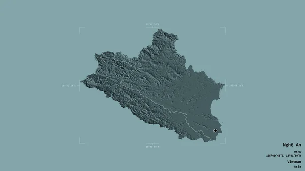 ベトナムの省 Nghe An地域は 洗練された境界ボックス内の強固な背景に隔離されています ラベル 色の標高マップ 3Dレンダリング — ストック写真