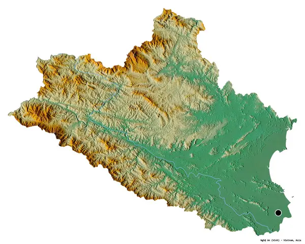 ベトナムの省であるNghe Anの形で 首都は白い背景に孤立しています 地形図 3Dレンダリング — ストック写真