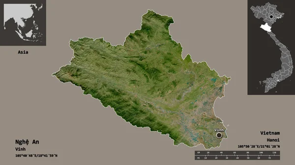 越南Nghe An的形状和它的首都 距离刻度 预览和标签 卫星图像 3D渲染 — 图库照片