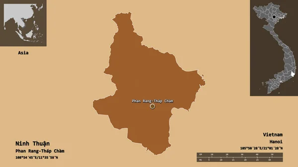 ベトナムの省 ニントゥアンの形状とその首都 距離スケール プレビューおよびラベル パターン化されたテクスチャの構成 3Dレンダリング — ストック写真