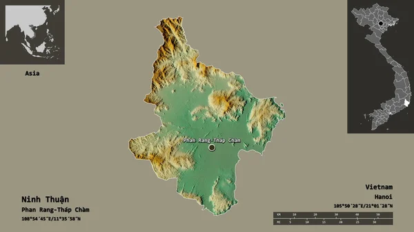 ベトナムの省 ニントゥアンの形状とその首都 距離スケール プレビューおよびラベル 地形図 3Dレンダリング — ストック写真