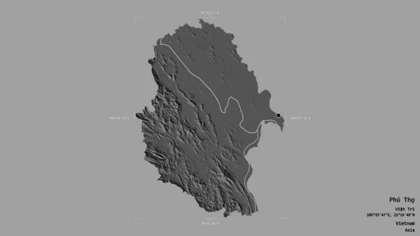 ベトナム省のPhu Tho地区は 洗練された境界ボックス内の強固な背景に隔離されています ラベル 標高マップ 3Dレンダリング — ストック写真