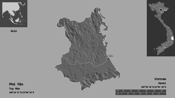 越南的府 府的形状 距离刻度 预览和标签 Bilevel高程图 3D渲染 — 图库照片