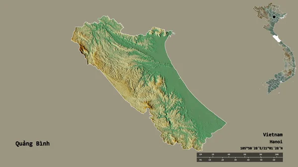ベトナムの省クアンビンの形 その資本金は 固体の背景に隔離されています 距離スケール リージョンプレビュー およびラベル 地形図 3Dレンダリング — ストック写真