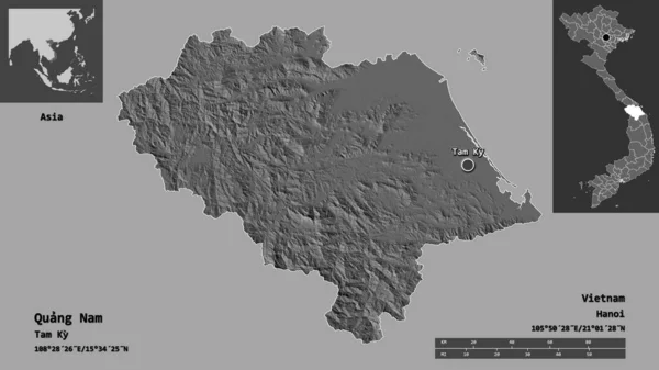 クアンナム ベトナムの州の形状とその首都 距離スケール プレビューおよびラベル 標高マップ 3Dレンダリング — ストック写真