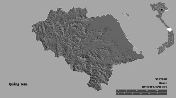 ベトナムの省クアンナムの形状は その資本がしっかりとした背景に隔離されています 距離スケール リージョンプレビュー およびラベル 標高マップ 3Dレンダリング — ストック写真