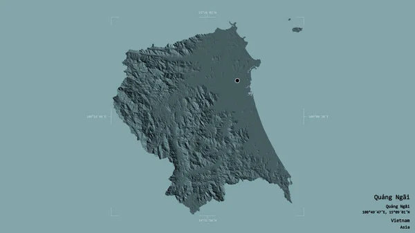ベトナムの省クアンナイ省のエリアは 洗練された境界ボックス内の強固な背景に隔離されています ラベル 色の標高マップ 3Dレンダリング — ストック写真