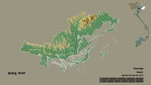 越南广宁省广宁省的形状 其首都背景坚实 与世隔绝 距离尺度 区域预览和标签 地形浮雕图 3D渲染 — 图库照片